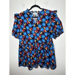 Entro Top Womens Blue Floral Short Sleeve Flowy Boho Blouse Size 2X